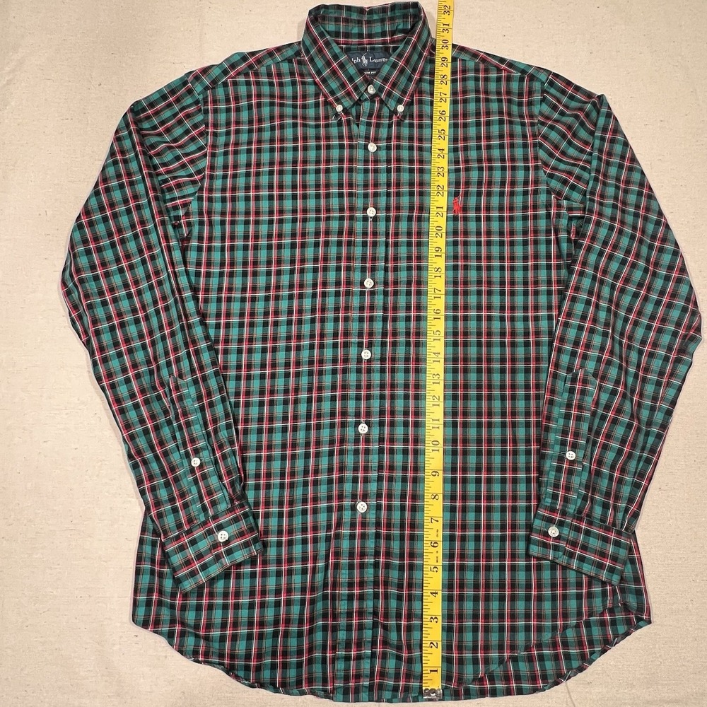 Ralph Lauren Mens Medium Blueish Green Button Up Shirt Windowpane Plaid Red Pony - Picture 8 of 11